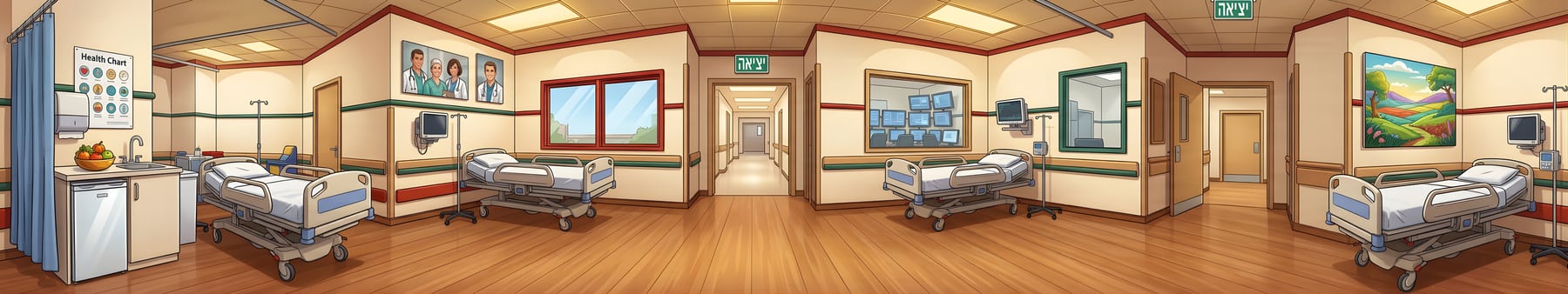 Habitación de hospital ilustrada en formato panorámico de la experiencia inmersiva de Schneider