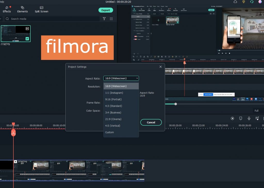 Captura de Filmora con el cuadro de ajustes del proyecto abierto y su lista de relaciones de aspecto: 16:9 panorámico, 1:1 Instagram, 9:16 retrato, 4:3 estándar, 3:4 negocios, 21:9 cine, 4:5 vertical y personalizado