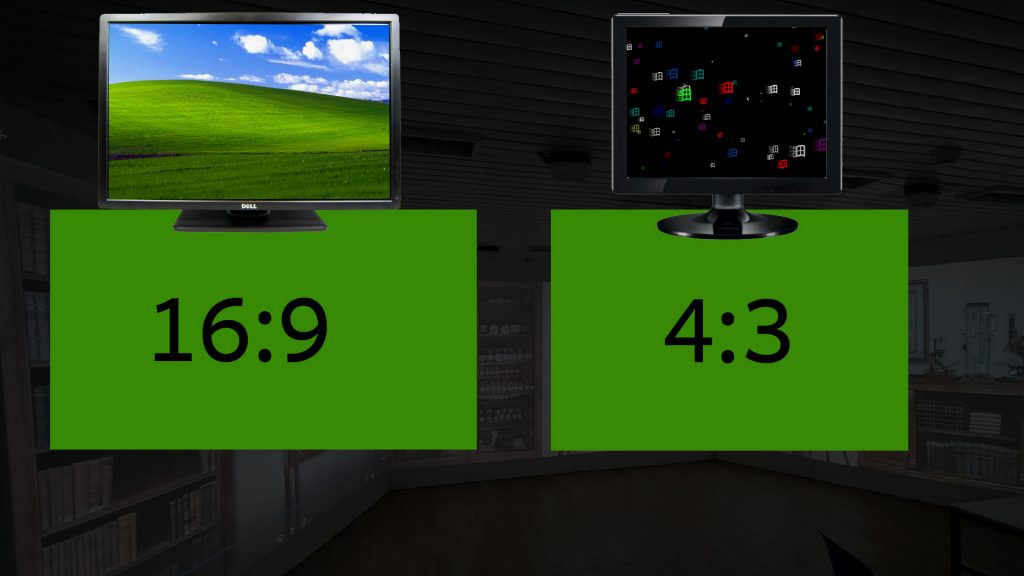Dos monitores comparados frente a la pared de la sala: uno panorámico con la etiqueta 16:9 y otro más cuadrado con la etiqueta 4:3