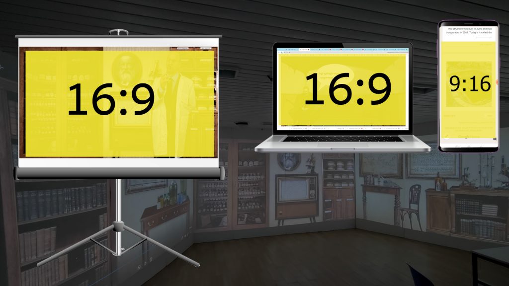 Tres dispositivos uno al lado del otro, cada uno con su proporción indicada: una pantalla de proyección de 16:9, un portátil de 16:9 y un teléfono de 9:16, que muestran la diferencia entre horizontal y vertical