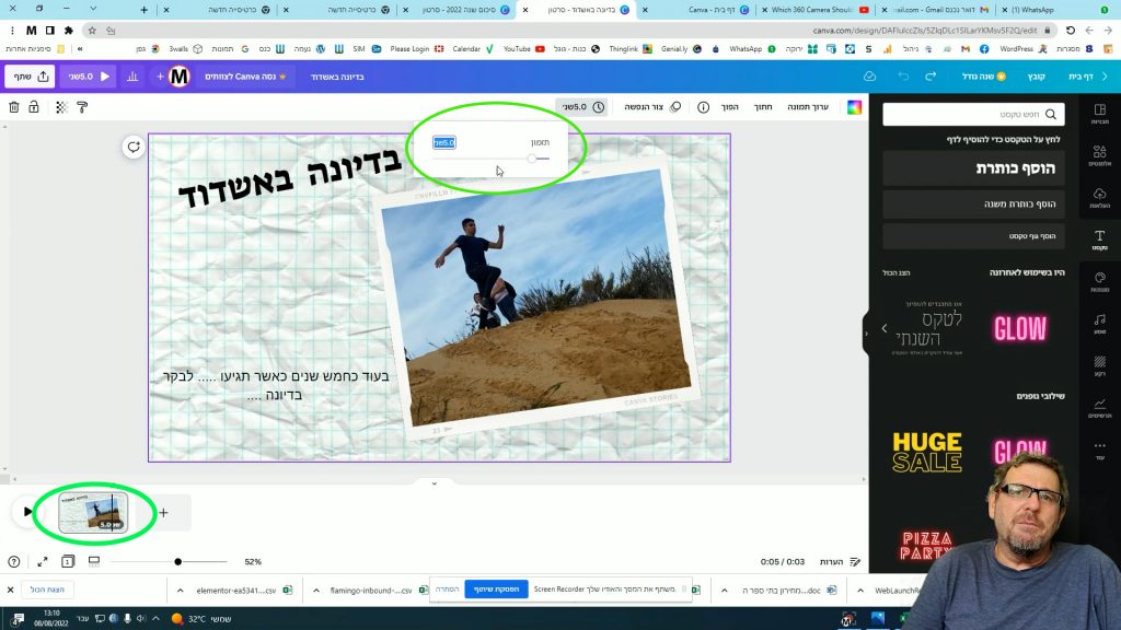 Captura del editor de vídeo de Canva: una diapositiva combina un encabezado con una foto de un niño que salta por una duna de arena; tanto el cuadro de duración de la diapositiva en la parte superior como su miniatura en la línea de tiempo están rodeados en verde