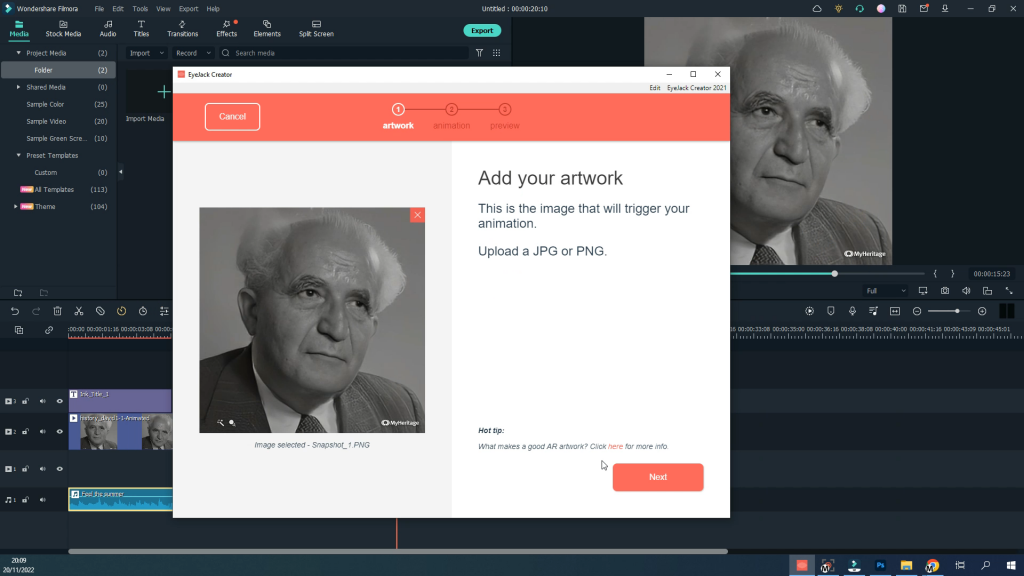 Captura del asistente de EyeJack Creator en el primer paso, Add your artwork, con la fotografía de Ben-Gurion elegida como imagen que activará la animación de realidad aumentada
