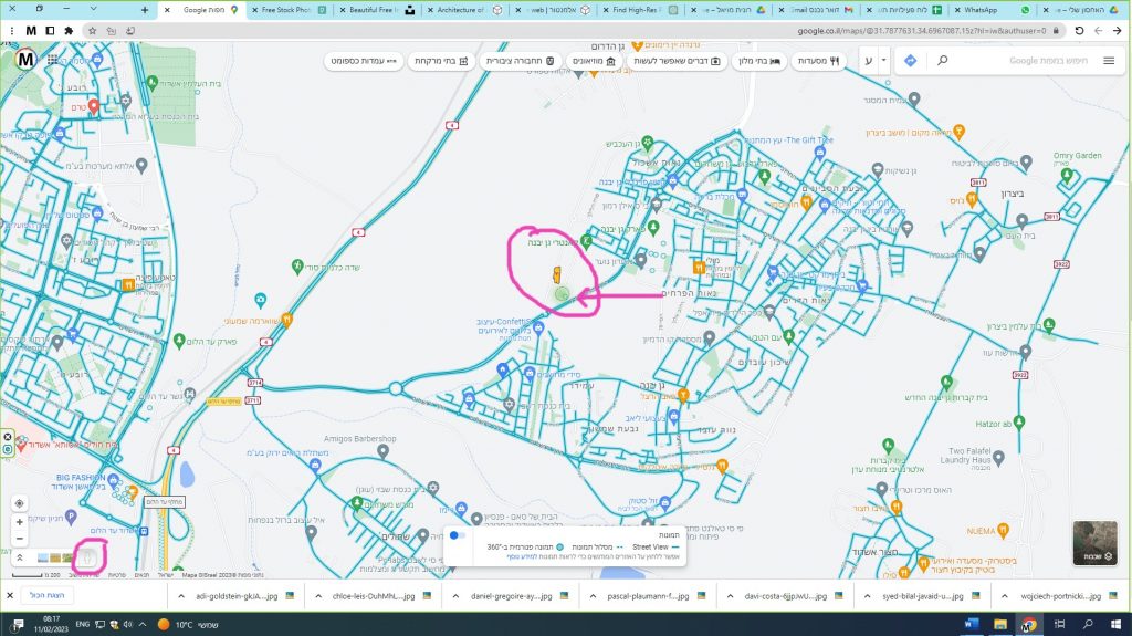 צילום מסך של Google Maps ובו מקום אחד מוקף בוורוד וחץ המצביע עליו, ובתחתית המפה מוצג לוח המציע Street View ותצלומי 360 מעלות