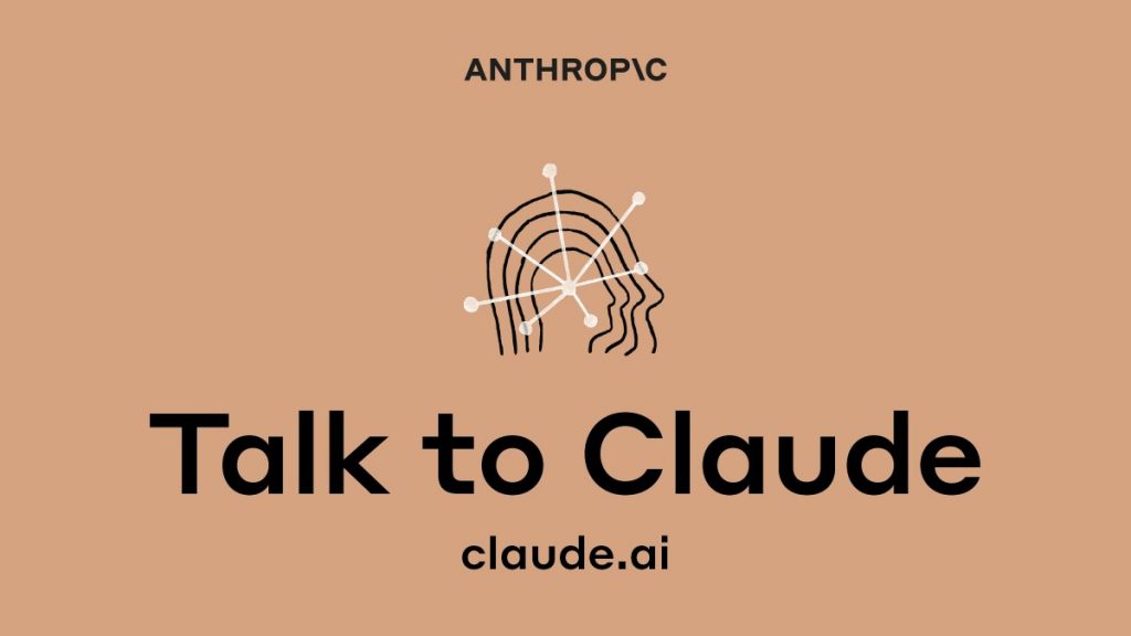 Tarjeta promocional de Anthropic sobre un fondo tostado: el logotipo de Anthropic encima del dibujo lineal de una cabeza con una red de nodos superpuesta, las palabras «Talk to Claude» y la dirección claude.ai