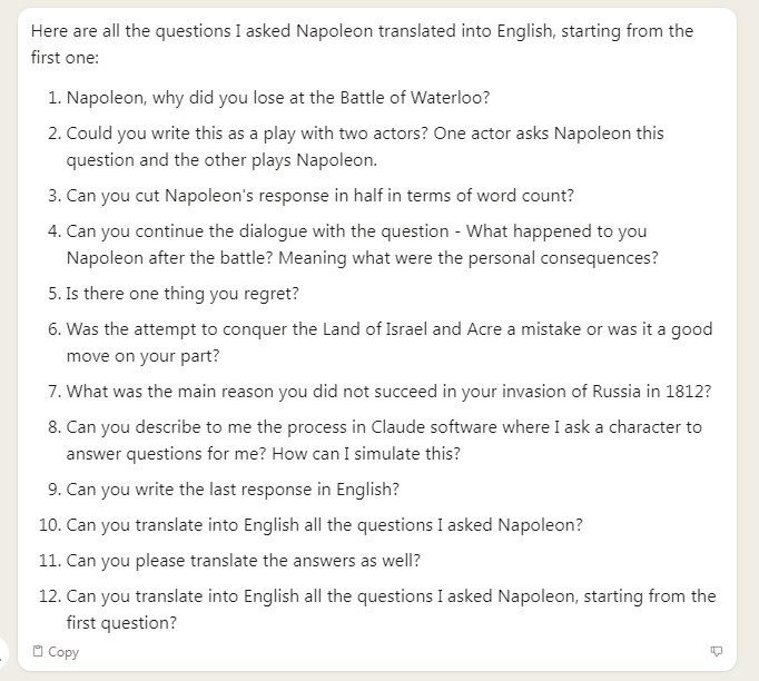 Captura de Claude con una lista numerada de doce preguntas planteadas a Napoleón durante el ejercicio, traducidas al inglés: desde por qué perdió en Waterloo, si se arrepiente de algo y si la campaña en la Tierra de Israel y Acre fue un error, hasta por qué fracasó la invasión de Rusia de 1812