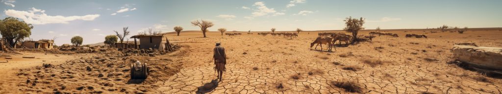 Imagen panorámica amplia de un paisaje castigado por la sequía: tierra desnuda y agrietada hasta el horizonte, una persona que se aleja de unas chozas de barro y ganado delgado que pasta entre árboles sin hojas