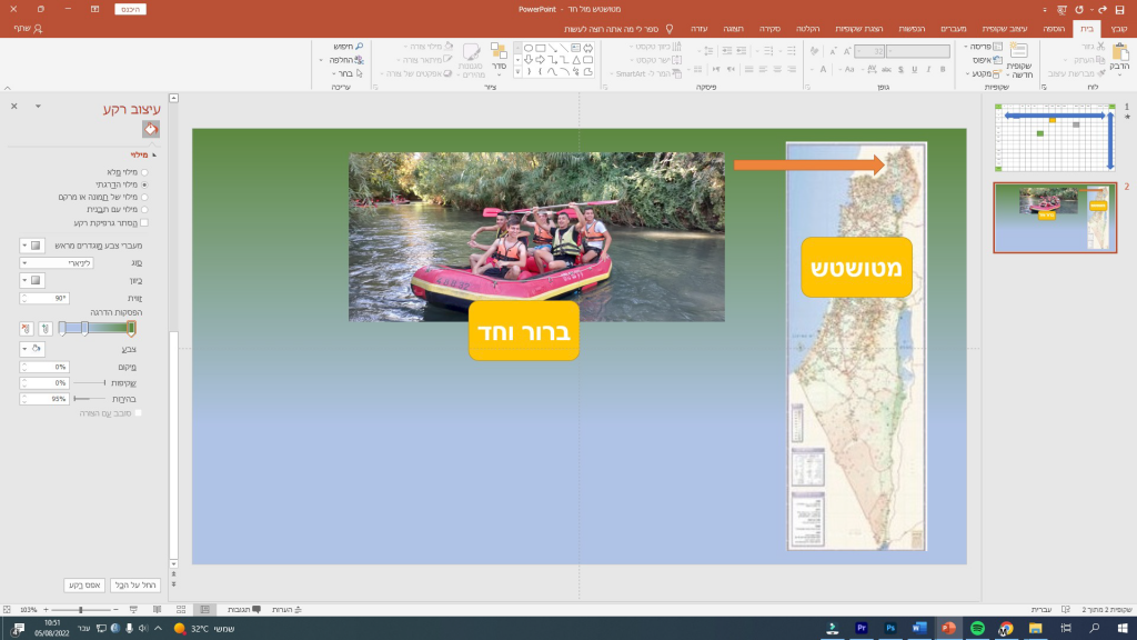 Captura de PowerPoint que compara dos imágenes: una fotografía de niños haciendo rafting marcada como «clara y nítida» y una flecha que señala un mapa estirado verticalmente y marcado como «borroso»
